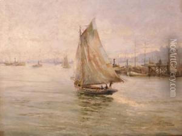 Puerto De Montevideo Con Barcas Oil Painting - Roberto Castellanos Mane