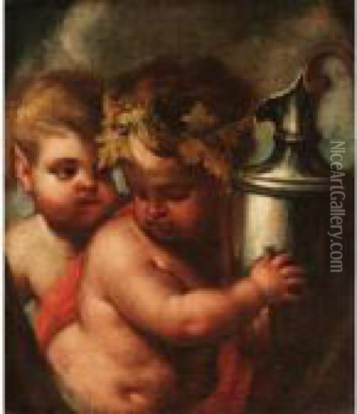 Two Satyrs With An Ewer Oil Painting - Stefano Magnasco