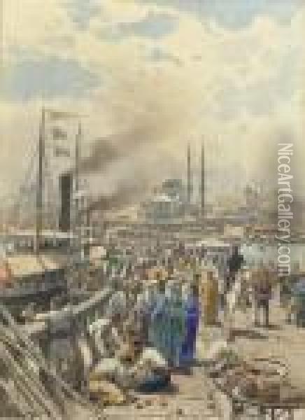 The Old Galatea Bridge Connecting Karakoy To Eminonu Over The Golden Horn, Istanbul Oil Painting - Themistocles Von Eckenbrecher