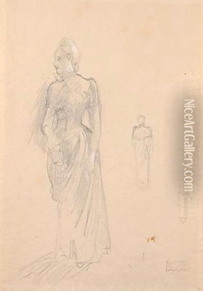 Stehende Dame Im Langen Kleid Nach Links (Standing Female Figure In A Long Dress Facing Left) Oil Painting - Gustav Klimt