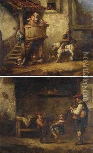 Cavalier Et Enfants Sur Un Balcon (+ Musiciens Et Enfants Dans Un Interieur; Pair) Oil Painting - Martin Domicent
