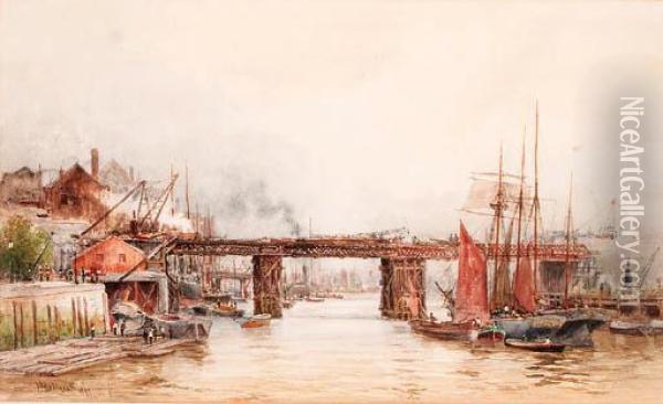 The Tower Bridge Works From The Tower Wharf, London Oil Painting - Hubert James Medlycott