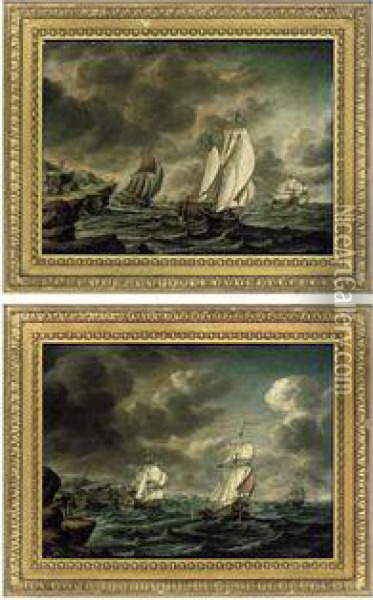 A Dutch Man-o'war And Trading Vessels Off A Rocky Headland Oil Painting - Pieter Jochums Lofvers