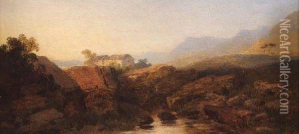 Mountainous Landscape With Cottage Oil Painting - Edmund John Niemann, Snr.