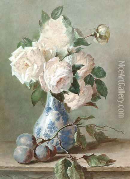 White roses in a blue and white vase Oil Painting - Catharina Kiers