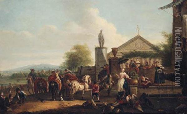 A Hunting Party Halting By A Fountain Outside A Villa Oil Painting - Carel van Falens or Valens