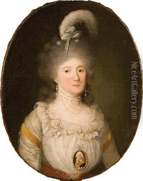Retrato De Dama Concollar De Perlas Y Miniatura Oval De Caballero Oil Painting - Augustin Esteve