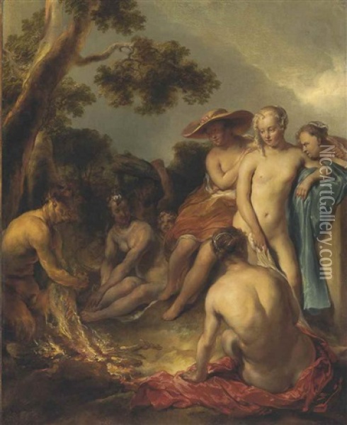 Nymphs And A Satyr Oil Painting - Jan van Noordt