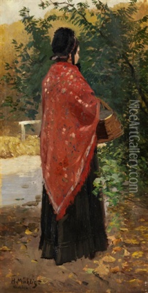 Frau In Schwarzem Kleid Mit Rotem Schultertuch Und Korb, In Einem Park Stehend Oil Painting - Hugo Muehlig