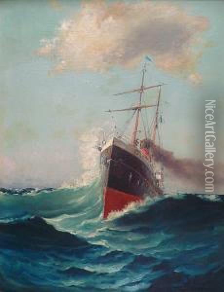 Steamer En Haute Mer Oil Painting - Paul Savigny