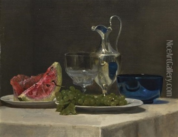 Silver, Glass And Fruit (study) Oil Painting - John La Farge