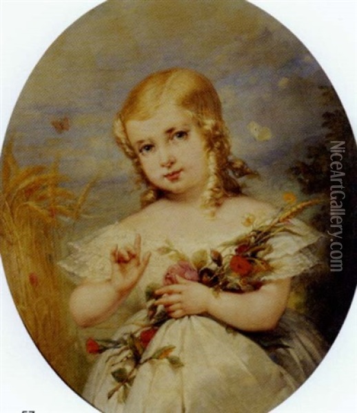 Portrait De Petite Fille Au Bouquet De Fleurs Oil Painting - Aimee Pages