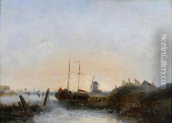 A Dutch Winter Scene With Barges And Skaters Near A Windmill. Oil Painting - Egidius Linnig