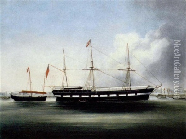 A Ship Of The White Diamond Line Off Shanghai Oil Painting -  Chow Kwa