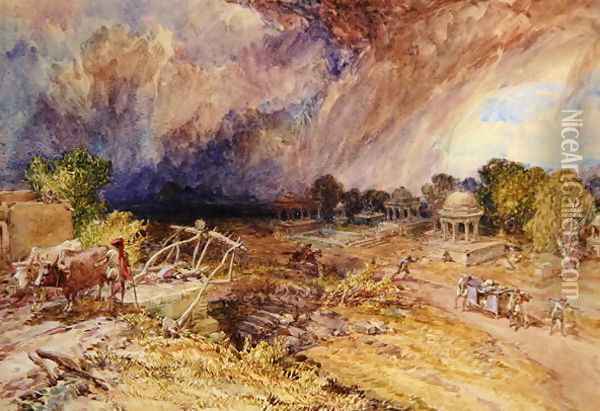 Dust Storm Coming on, near Jaipur Rajputana, 1863 Oil Painting - William Simpson