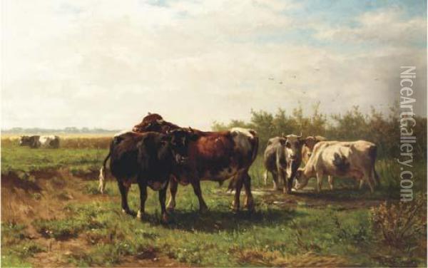 Les Paturages Hollandaises: Cattle In A Meadow Oil Painting - Johannes-Hubertus-Leonardus de Haas