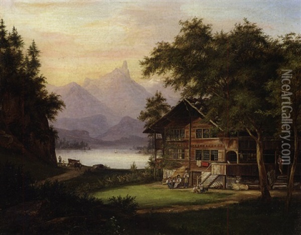 Blick Auf Einen Gebirgssee In Der Schweiz, Mit Einem Bauernhaus Oil Painting - Johann Jakob Falkeisen