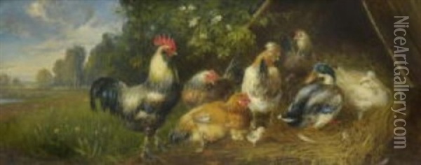 Huhner Und Enten Oil Painting - Julius Scheuerer