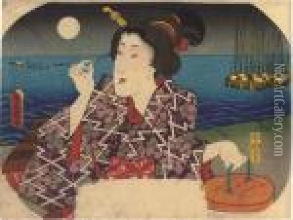 Portrait Of A Beauty Holding A Lantern Oil Painting - Kunisada