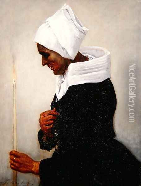 Breton Peasant Woman Holding a Taper, c.1869 Oil Painting - Jules Breton