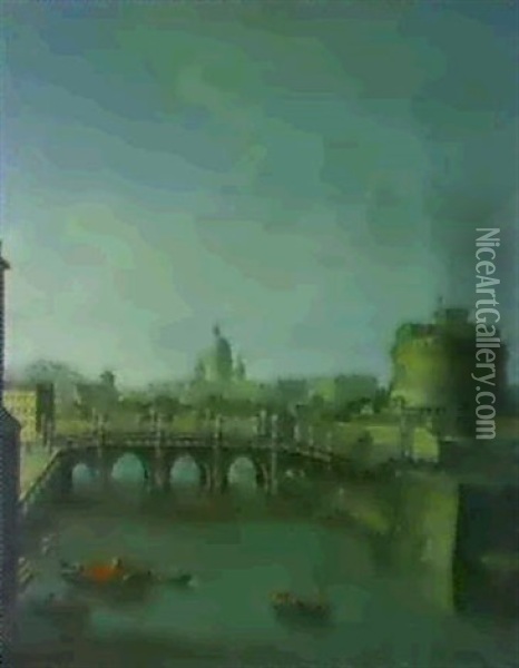 A View Of St. Peter's Rome, The Castel Sant'angelo And The Ponte Sant'angelo...[&] A View Of The Arno... Oil Painting - Antonio Joli