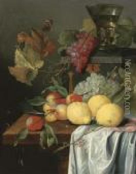 Lemons, Peaches, Prawns And Grapes With A Magpie Butterfly Oil Painting - Jan Davidsz De Heem