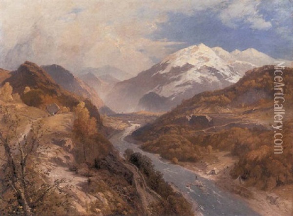 Angling In A Mountainous River Landscape Oil Painting - James Baker Pyne