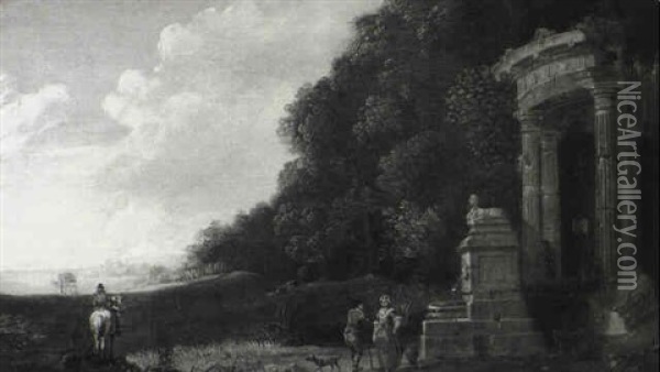 Classical Ruins And Figures In A Landscape Oil Painting - George Barret