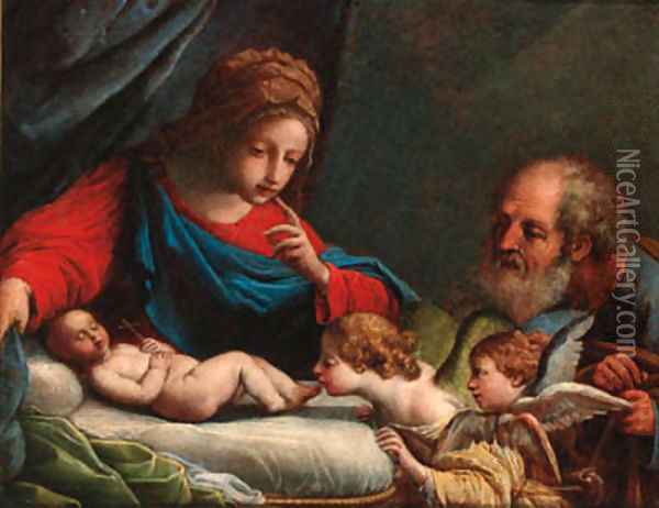 The Holy Family with cherubs Oil Painting - Pietro De Pietri