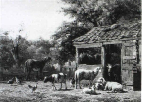 Cattle And Poultry In A Yard Oil Painting - Simon Van Den Berg