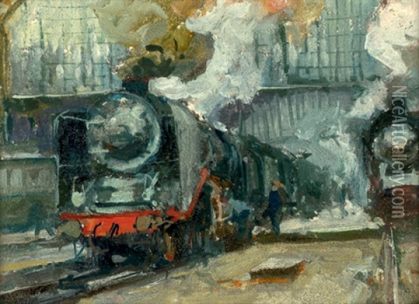 Ausfahrender Zug (+ Bahngelande Mit Wasserturm, Lrgr, Sig.; 2 Works) Oil Painting - Leonhard Sandrock