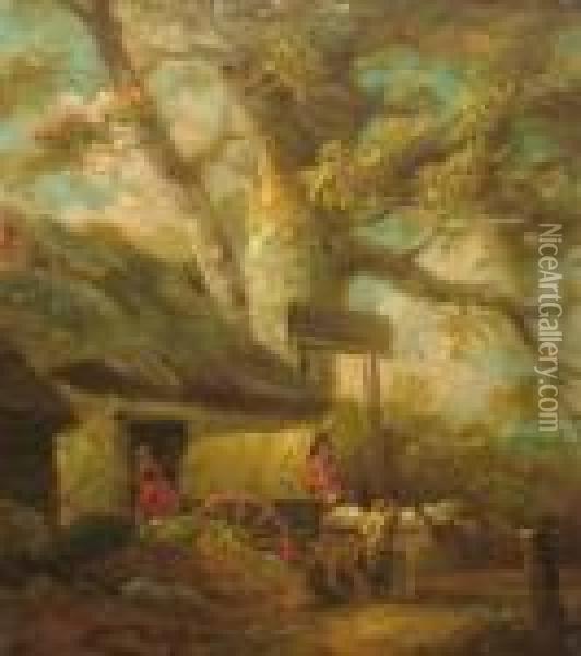 Travellers With A Cart And Horse By An Inn Withwoodland Oil Painting - George Morland