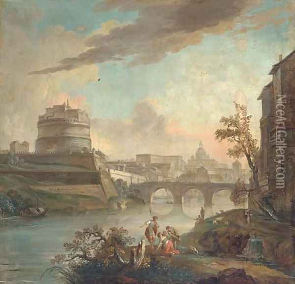 A capriccio view of the Tiber, with the Castel Sant' Angelo and Saint Peter's, Rome Oil Painting - Italian School