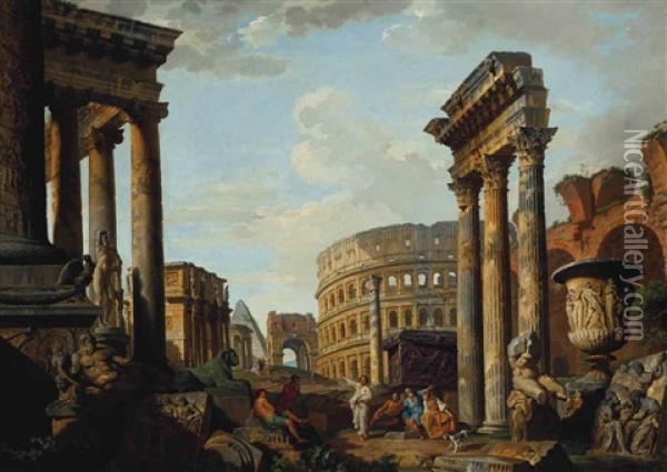 An Architectural Capriccio With Figures Among Roman Ruins Including The Temple Of Saturn, Arch Of Constantine, Temple Of Vesta, Arch Of Drusus, The Colosseum, Temple Of Castor And Pollux, Basilica Of Maxentius, The Apollo Belvedere And The Column Of Traja Oil Painting - Giovanni Paolo Panini