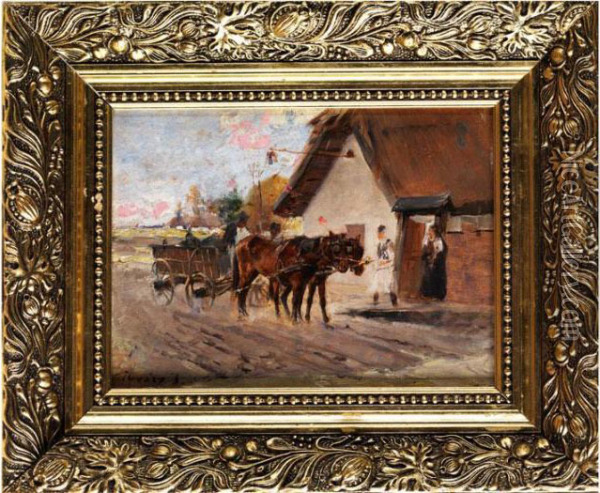 Pferdegespann Vor Einem Ungarischen Bauernhof Mit Figurenstaffage Oil Painting - Ignac Ujvary