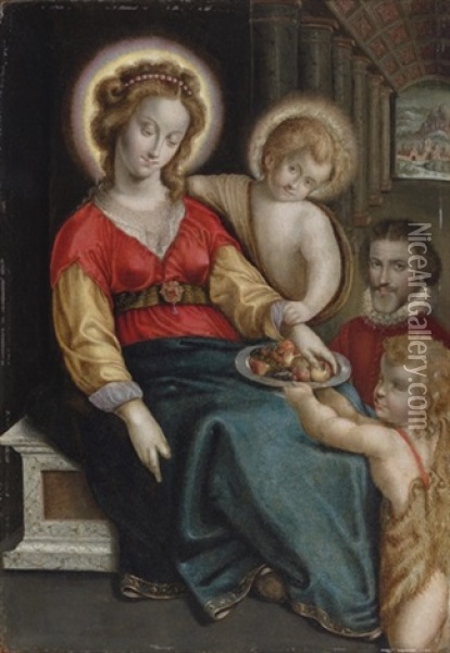 The Virgin And Child With The Infant Saint John The Baptist And A Donor, A Colonnade Leading To A Mountainous Landscape Beyond Oil Painting - Cesar Nostradamus