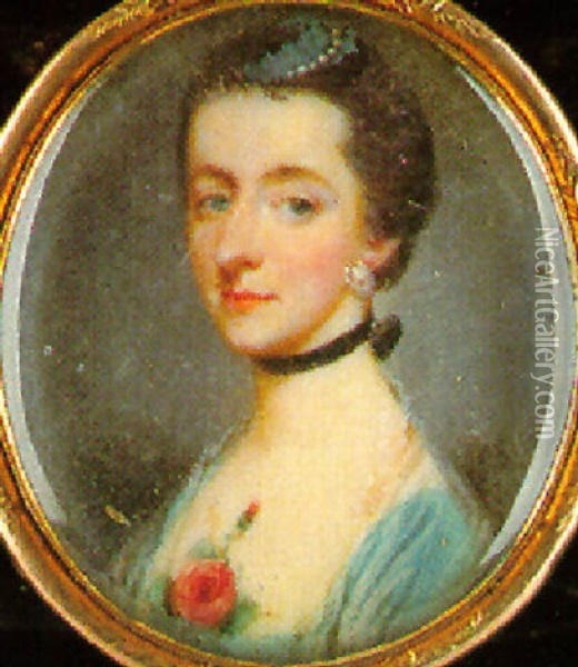 A Portrait Of A Lady (mrs. John Oliver?) Wearing Decollete Blue Dress And Pink Rose At Her Corsage Oil Painting - Jeremiah Meyer