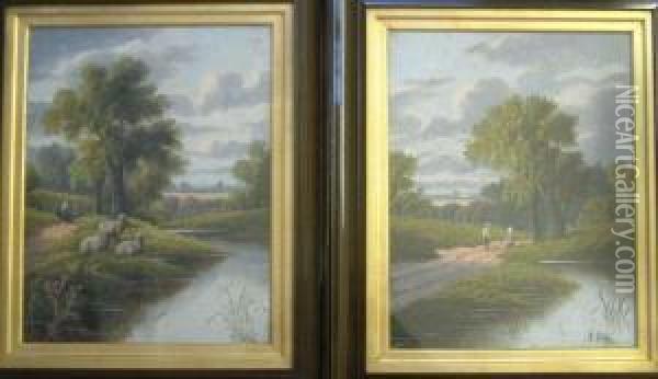 River Landscapes With Sheep And Figures Oil Painting - Etty Horton
