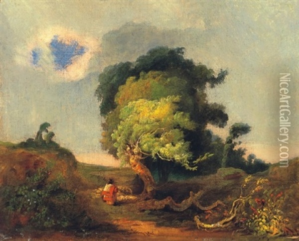 Pasztor Vihar Elotti Tajban - Peasant In Landscape Before The Storm Oil Painting - Ferenc (Franz) Ujhazy