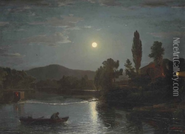 A Night River Scene Oil Painting - Dewitt Clinton Boutelle