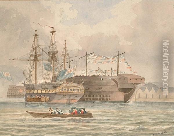 The Atna Fitting For Foreign Duty, Portsmouth Harbour Oil Painting - James Miller Huggins
