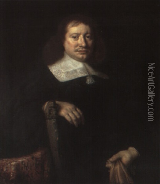 Portrait Of A Gentleman Holding Gloves In His Left Hand Oil Painting - Bartholomeus Van Der Helst