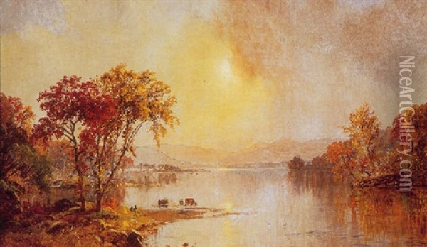 An Autumn River Landscape Oil Painting - Jasper Francis Cropsey