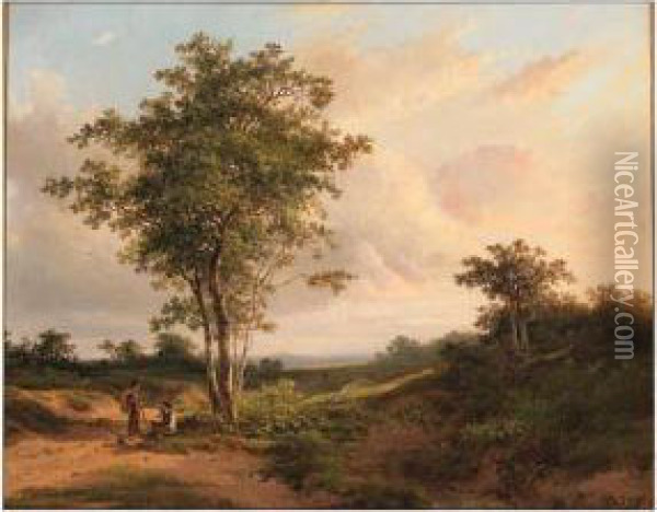 A Wooded Landscape With Travellers On A Sandy Track At Dusk Oil Painting - Johannes Warnardus Bilders