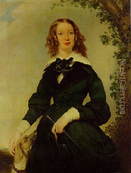 Portrait Of A Lady In A Green Riding Habit, Holding A Crop And Hat, A Greyhound By Her Side Oil Painting - William Edward Frost