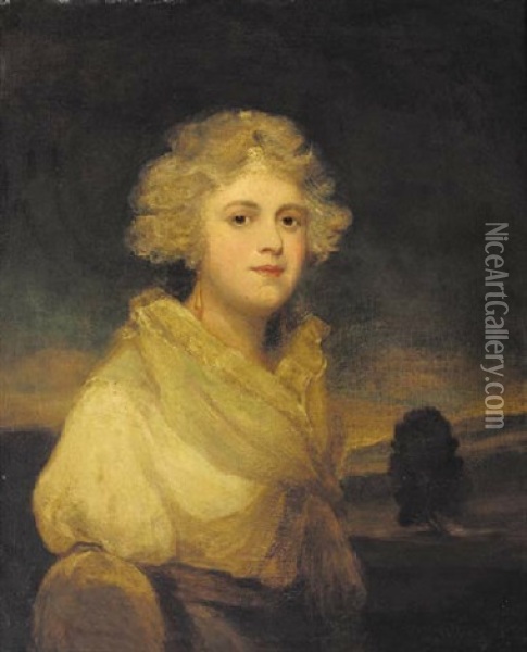 Portrait Of A Lady In A White Dress, A Landscape Beyond Oil Painting - Sir John Hoppner