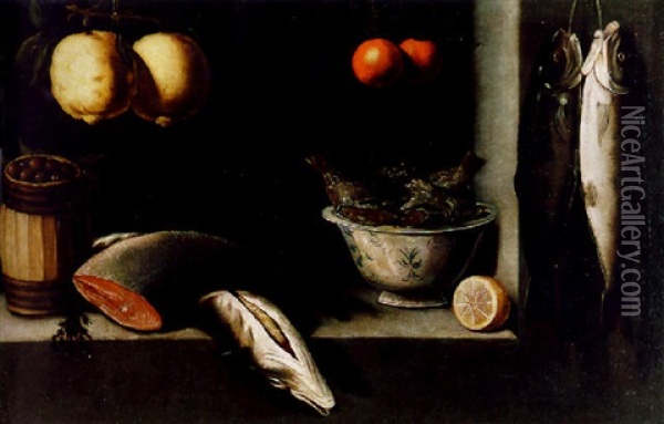 Lemons, Oranges, A Barrel Of Olives, Salmon And A Bowl Of Fish In A Niche Oil Painting - Alessandro de Loarte