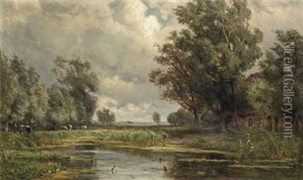 A Farmer And Cattle By A Pond Oil Painting - Jan Willem Van Borselen