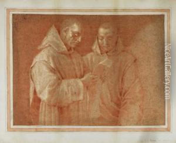 Study Of Two Standing Monks Reading Oil Painting - Eustache Le Sueur