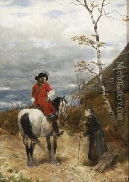 Vornehmer Reiter Und Bettelnde
 Reisigsammlerin. Oil Painting - Heinrich Breling